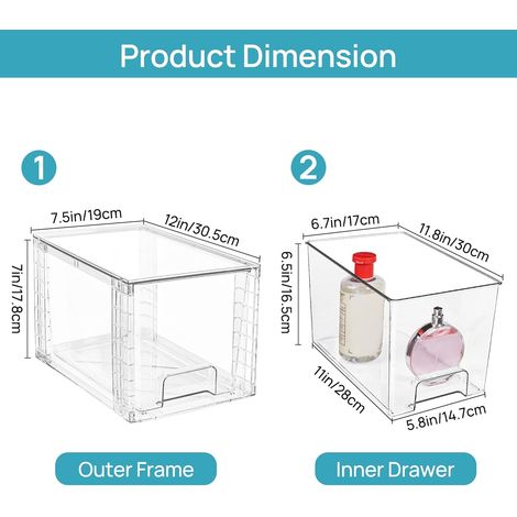 Lot de 4 grands tiroirs empilables, faciles à monter en acrylique, pour salle de bain et armoire (1/5)