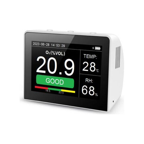 Détecteur qualité d’air 3 en 1 O2/Humidité/Température de bureau multifonction, moniteur intérieur/extérieur O2, thermohygromètre numérique 3,5 pouces avec enregistreur de données, batterie rechargeab (1/4)