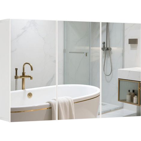 Armoire miroir salle de bain 3 portes avec miroir, 5 étagères, meuble mural blanc 90 x 15,5 x 60 cm, rangement pratique pour vasque et soins - CHICFURN (1/5)