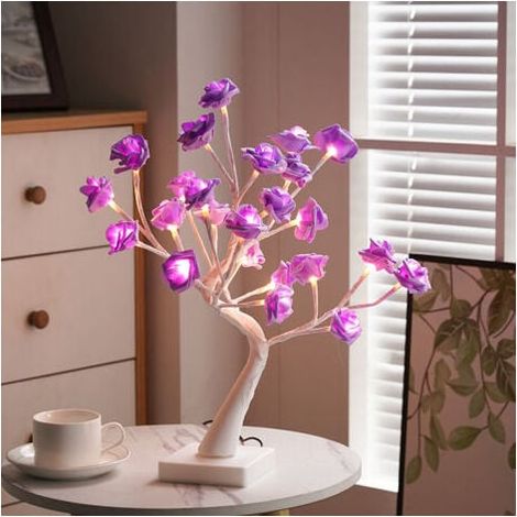 Lámpara de mesa con forma de rosal luminoso con flores artificiales, ideal para decoración del hogar, cumpleaños, San Valentín y Navidad (morado).