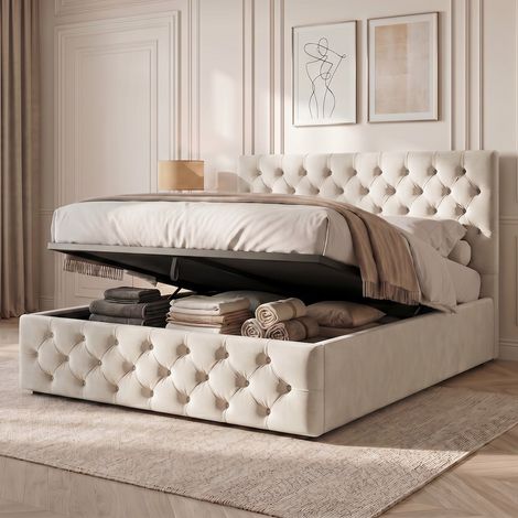 Letto matrimoniale 160x200 cm – Letto contenitore – Testiera imbottita – Con coprimaterasso – Rete a doghe – Velluto beige (1/5)