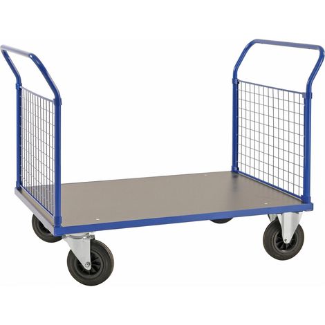 Kongamek Plattformwagen in blau 1366x800x1020mm mit MDF-Platte und 2 Schiebebügeln mit Gummibereifung mit Bremse