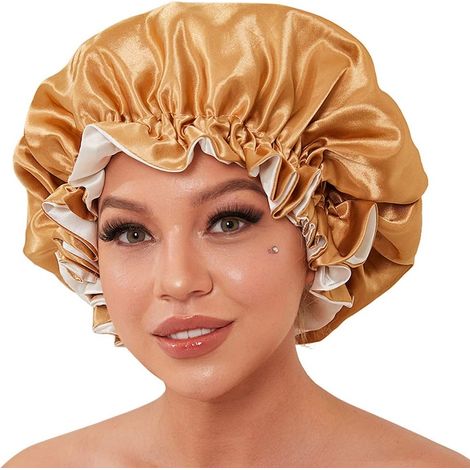 Bonnet en soie avec élastique ajustable, pour cheveux longs et bouclés, noir, protection nuit, sommeil nuit (1/5)