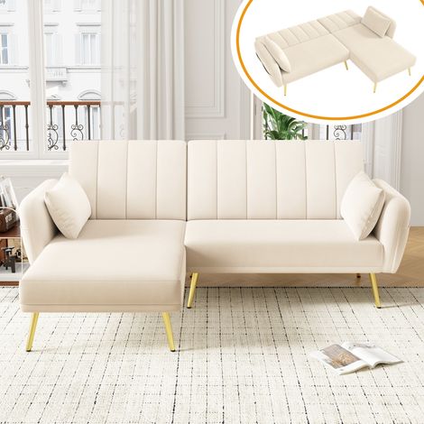 Canapé d'angle convertible Beige 191,5 x 130,5 x 80 cm en velour méridienne réversible dossier 3 positions poches salon chambre ciné