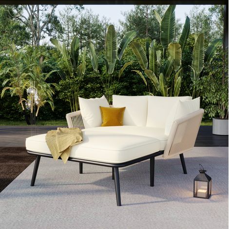Bain de soleil beige en polyester avec structure en acier galvanisé, coussins épais amovibles et dossier tressé (1/5)