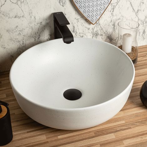 Lavabo da appoggio rotondo in ceramica GRANA bianco opaco effetto granito.