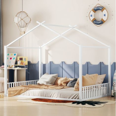 Lit enfant 140/200 cm blanc en métal structure maison (1/5)