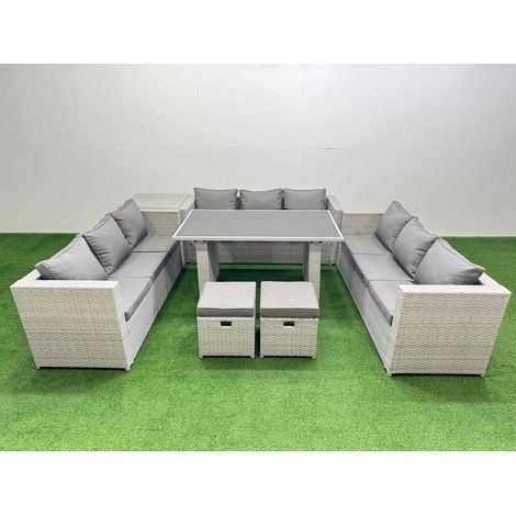 Fimous Patio Outdoor Garden Furniture Sets with Black Glass Top Dining Table 3 Seater Sofa Side Table 2 Small Stool Light Grey (1/5)