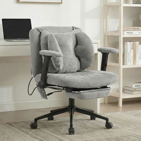 Chaise de bureau pivotante grise en tissu avec coussin lombaire réglable, repose-pieds et roulettes (1/4)