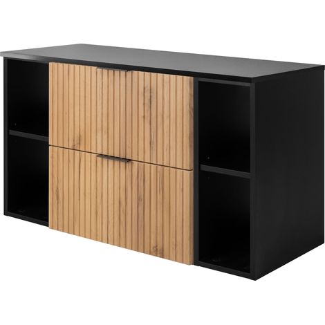 Furnidea - Meuble sous vasque FLOW CHÊNE 100 cm avec 2 x l'étagères - extensions et plan NOIR - 2 tiroirs - façades rainurées (1/5)