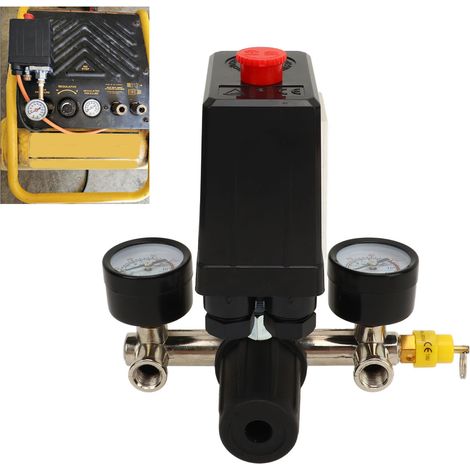 Luftkompressor-Set mit CE-Ventil, NIFA, Manometer mit schwarzer Kappe aus Metall und Zugseilventil, Druckschalter und Regelventil. (1/5)
