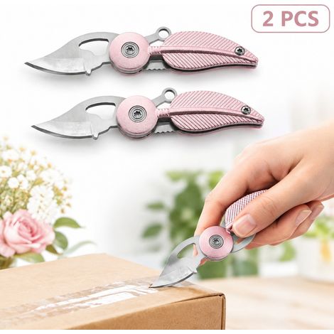 Lot de 2 mini couteau de poche pliable, finition porte-cles, coupe boite compact (1/5)