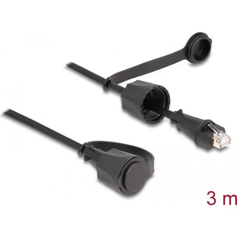 Delock Cable de red RJ45 macho a RJ45 macho Cat.6 STP con tapa protectora exterior IP68 resistente al polvo y al agua, negro, de 3 m