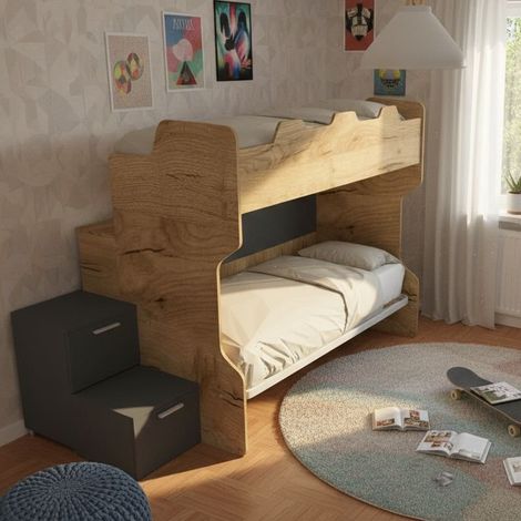 Letto a castello salvaspazio con scala a cassettoni e camminatoio - Quercia e basalto
