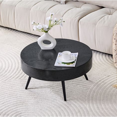 Mesa de centro redonda 70 cm MDF efecto madera negra con patas metálicas negras DESVIAE (1/5)