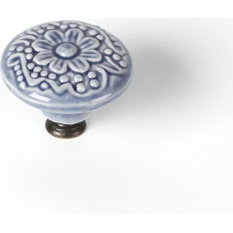 REI – Bouton de meuble rond en porcelaine bleu brillant – Diamètre 44 mm – Hauteur 27 mm – Fixation à vis incluse