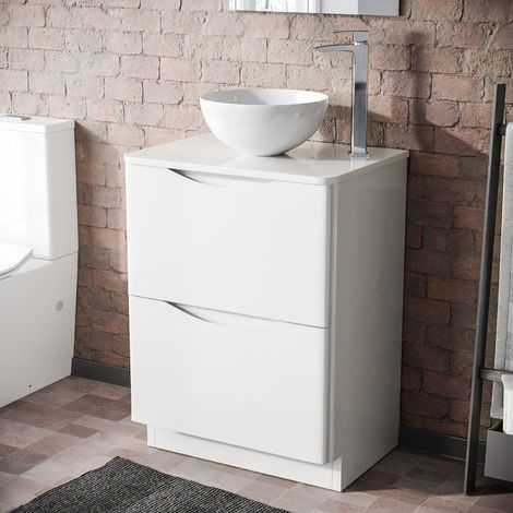 Merton White 600mm Bathroom Freestanding Vanity Unit With Round Ceramic Countertop 320mm Basin (1/5)