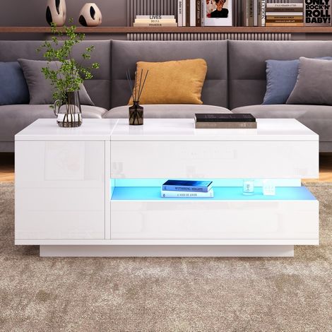 Table basse fixe-LED intégré-tiroir+placard-rangement semi-ouvert-laqué blanc-95x50x40cm (1/5)