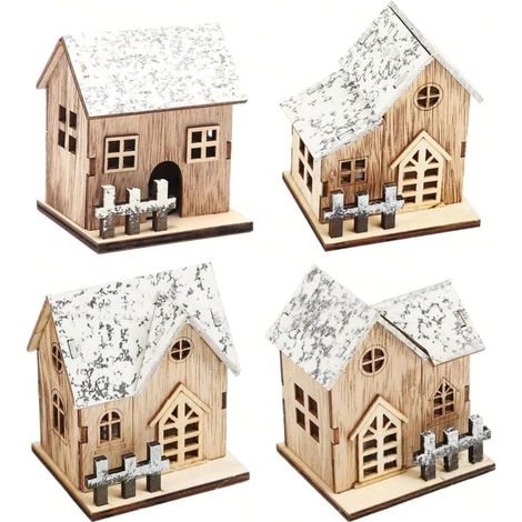 4-teiliges Weihnachtsdorf-Set, Weihnachtsdorf-Set mit LED-Beleuchtung, Buchsbaum-Weihnachtsdorfhaus mit Bodenschalter, zarte Weihnachtsdekoration und (1/4)