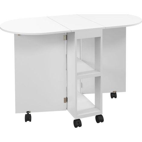 Table pliante blanche sur roulettes avec rallonges et 2 étagères, 120x60x77 cm, pratique mobile pour repas compacts