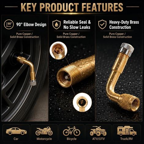 2 Pièces Prolongateurs de Valve 90 Degrés en Laiton, Rallonge de Valve Pneumatique, Adaptateur de Valve Coudé pour Valve Auto AV Schrader, Pneus Voiture, Moto, Vélo, Scooter, Remorque, Brouette (1/2)