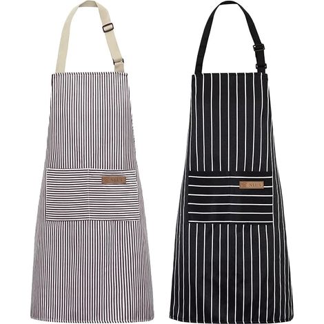 Lntyq 2er-Pack Küchenschürzen, verstellbares Lätzchen mit 2 Taschen für Männer und Frauen (schwarz/braun gestreift) (1/5)