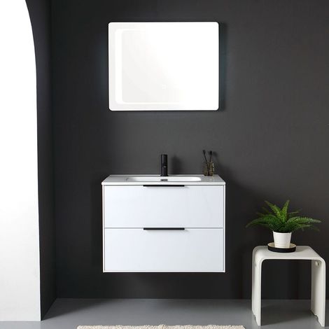 Badmöbel Hängend In Hochglanz Weiss Mit Schwarzem Griff Und Led Touch Spiegel  Parigi (1/5)
