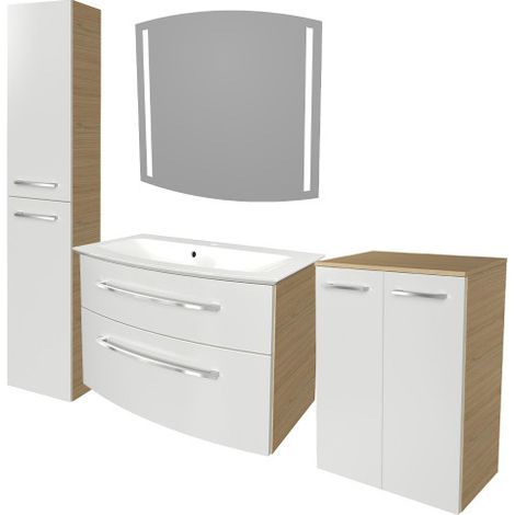 Fackelmann B.STYLE Badmöbel Set mit Waschbecken mit Unterschrank 80 cm breit – LED-Spiegel – Doppel-Midischrank und Hochschrank in Weiß mit Holz braun – Badezimmermöbel in Sandeiche Holzoptik"-"902031 (1/5)