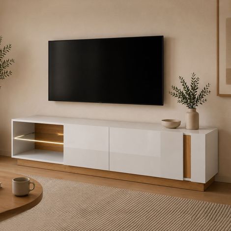 TV-Schrank Kahadada, 2 Regale, 2 Türen, Glasboden, 188x40x46h cm, Eichenholz Braun (1/3)