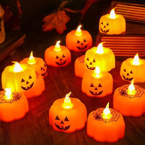 Bougies d'Halloween, 12 bougies LED en forme de citrouille, lumière orange, décoration de fête, cuisine [Classe énergétique A] (1/5)