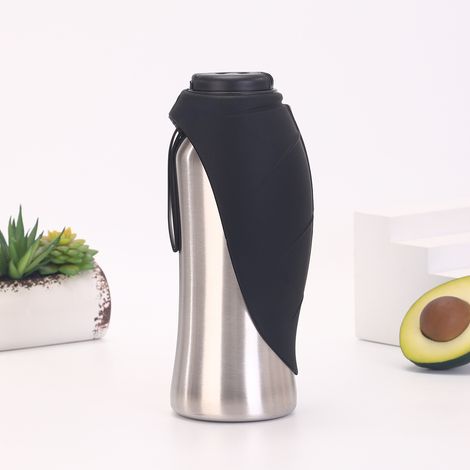 Gourde pour chien, bouteille isotherme en acier inoxydable de 700 ml, gamelle portable avec mousqueton pour chats et chiens – pour l'intérieur, l'extérieur, la plage et les promenades(Noir) (1/5)