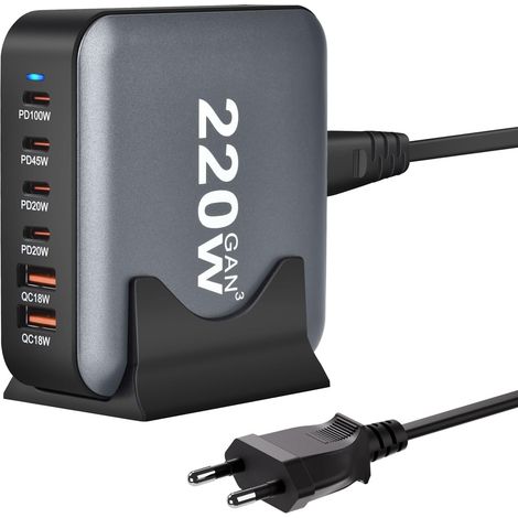 220W Chargeur USB C Multiple – 6 Ports GaN III Chargeur Rapide 200W +– Station de Charge USB C de Bureau–  PD+QC Compatible avec iPhone iPad Samsung MacBook Ordinateur (1/5)