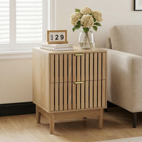 Nachttisch eiche mid-century modern 45x39x56,5cm - Beistelltisch holz mit 2 schubladen für schlafzimmer und wohnzimmer - Braun gold (1/5)