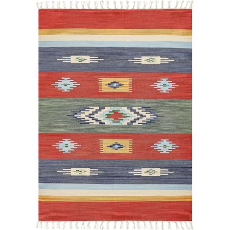 Tappeto Kilim in cotone tessuto a mano reversibile con motivi geometrici e nappe multicolore 140 x 200 cm Kamaris