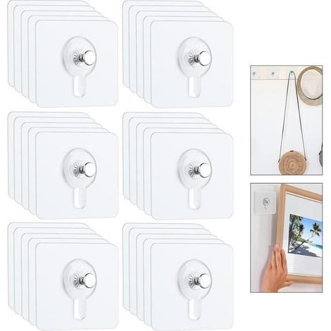 30 Accroche Tableau Sans Percer, Fixation Murale Transparent Accroche Cadre, Crochets Auto-adhésifs pour Accroche Cadres Photo (1/4)
