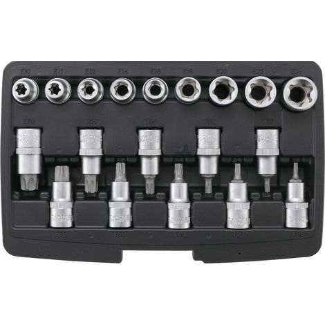 Coffret 19 embouts et douilles Torx T20 à T70 – Douilles femelles E10 à E24 – Acier chrome vanadium – Longueur 55 mm (1/4)