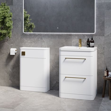 Oslo Gloss White 1150mm Vanity Unit Toilet Suite with Anya Basin - 1150mm - Brushed Brass 320mm HandleWithout Jubilee Toilet Pan