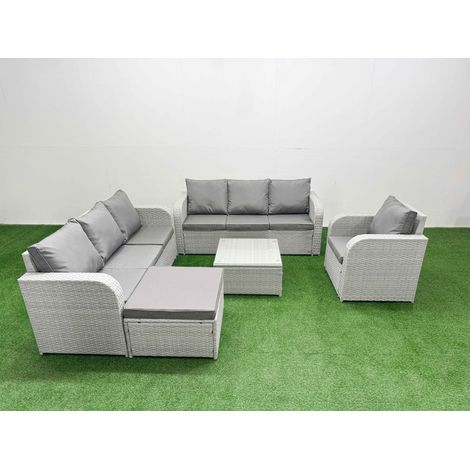 Fimous 8 Seater Poly Rattan Outdoor Garden Furniture Square Coffee Table Sofa Set Patio 3 Seater Sofa Reclining Chair 3 Seater Sofa Big Footstool Light Grey (1/4)