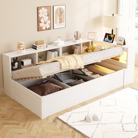 Lit coffre 90x200 cm en bois blanc, LED et prise, gain de place, sans matelas – MEUBLIV (1/5)