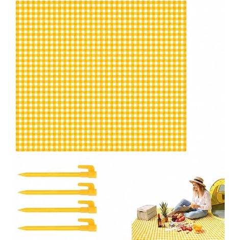 Tapis de Plage Anti Sable 180x180cm, Natte Imperméable avec Piquets de Sol, Couverture de Pique-Nique Jaune à Carreaux Portable pour Camping et Jardin (1/5)
