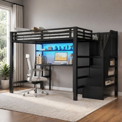 REDOM Cama alta 251x144x169.4 cm, con escritorio, armario, estantería y LED, metal y MDF negro (1/5)