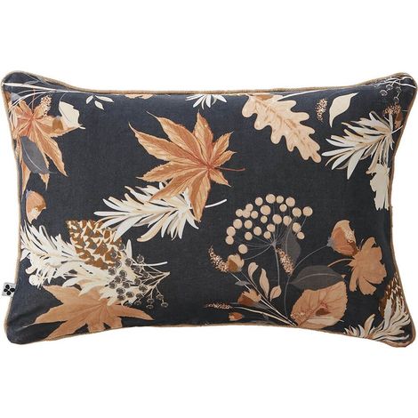 ELIANE - Coussin Déhoussable 40x60cm Velours de Coton Bleu Imprimé Fleur (1/2)