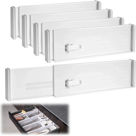 Blanc,Lot de 4séparateurs de tiroirs, réglables, en plastique, de 27à 47cm, organisateurs de tiroirs, séparateurs de tiroirs, réglables pour armoire, cuisine, bureau (1/4)