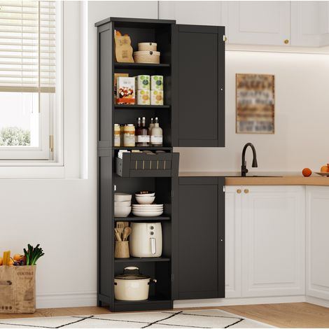 Armario de cocina negro 170 x 40 x 30 cm con 2 puertas, 1 cajón y estantes ajustables, en MDF (1/5)