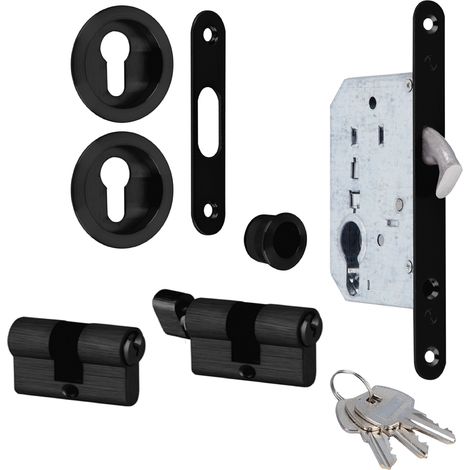 Kit puerta corredera negro picaporte uñero cilindro 16mm (1/2)
