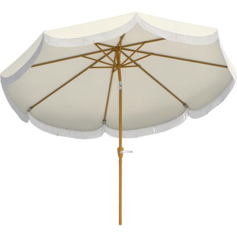 Parasol bohème d'extérieur, Ø 2,7 m, protection UV30+, manivelle manuelle et double toile avec pompons beiges