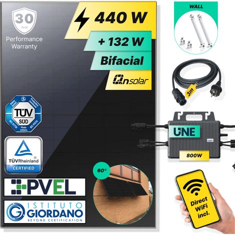 ROBINSUN®️ Kit Solar Enchufable Performance Wall 440Wp, 1 panel QN 440Wp + 1 Microinversor 800W con Wifi incluído + Cable 3m + 1 Fijación 10º-60º (1/5)
