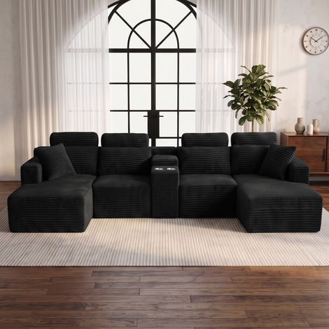Canapé panoramique modulable 372 x 151 x 80 cm, canapé d'angle en U, porte-gobelets, assise rembourrée, ligne contemporaine, mousse, noir (1/5)