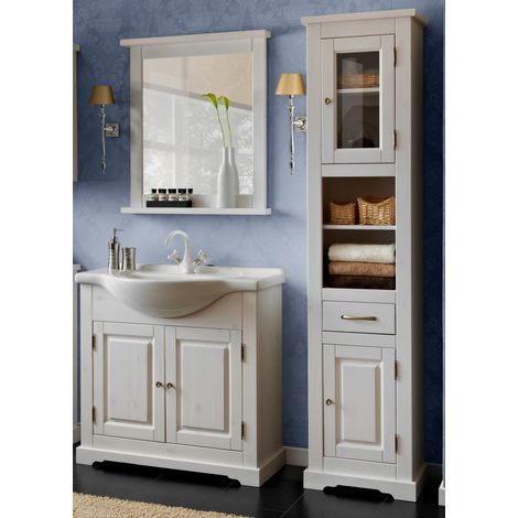 Badmöbel Set Keramik Waschtisch 85 cm LIRIA-56, Massivholz weiß gebleicht, B x H x T ca.: 145 x 200 x 43 cm (1/5)
