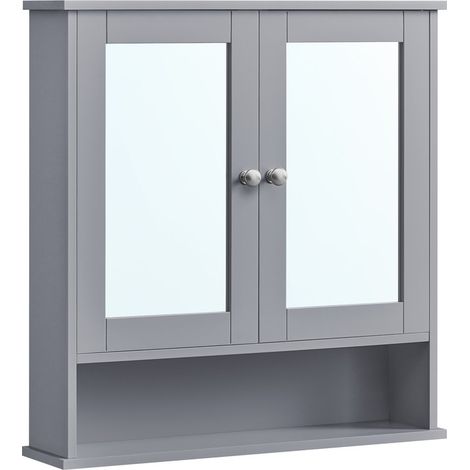 Vasagle – Armoire murale de salle de bain 2 portes miroir – Compartiment ouvert – Étagère réglable – Dimensions 56 x 13 x 58 cm – Gris tourterelle
